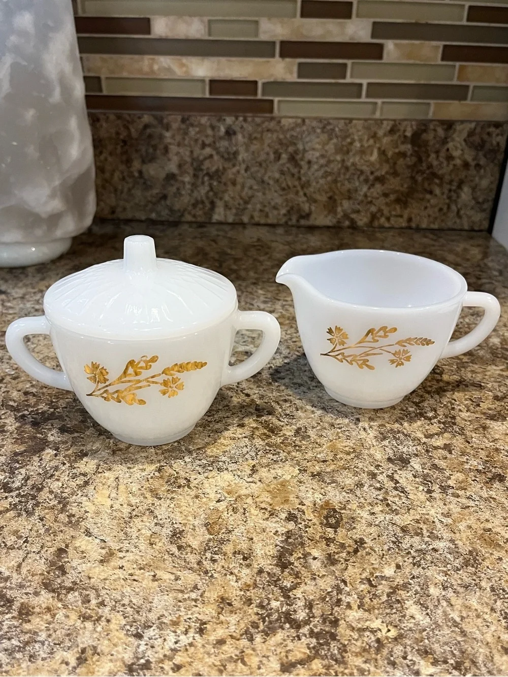 Vintage Federal Glass milk glass creamer & sugar bowl Meadow Gold Wheat pattern.